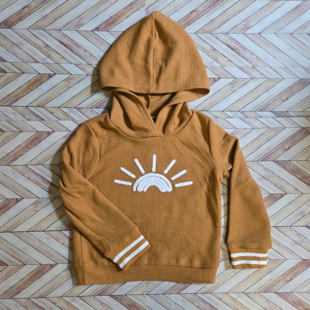 Boho Mustard Yellow Waffle Knit Pullover Hoodie Chenille Sun Graphic Stripe Cuff